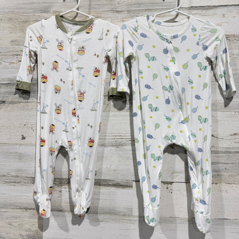 Milkberry Footed Sleepers Kids 3-6M White Paris Pickleball Bamboo Pajamas GUC*